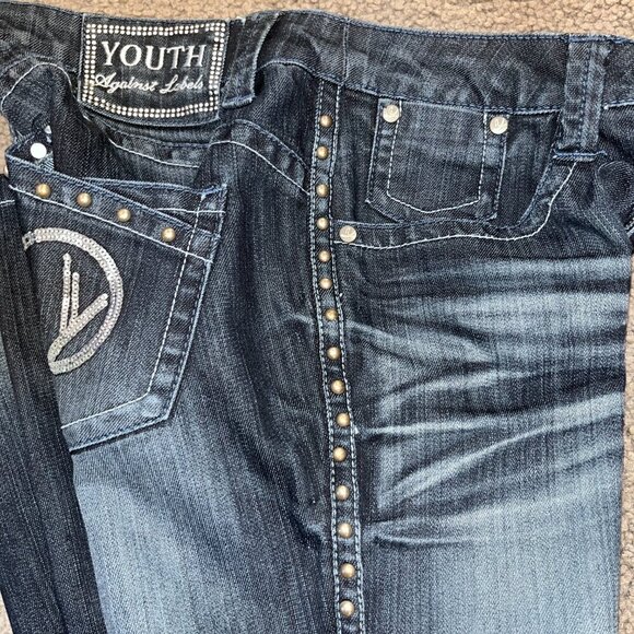 YAL YOUTH AGAINST LABELS Low Rise Studded Flare Blue Jeans Sequined Pocket 27X30 - Picture 9 of 16